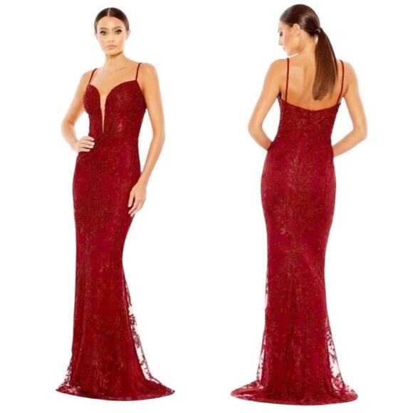 Mac Duggal Red Embellished Plunge Neck Illusion Mermaid Gown 20330 Size 2 NWT - Picture 5 of 12